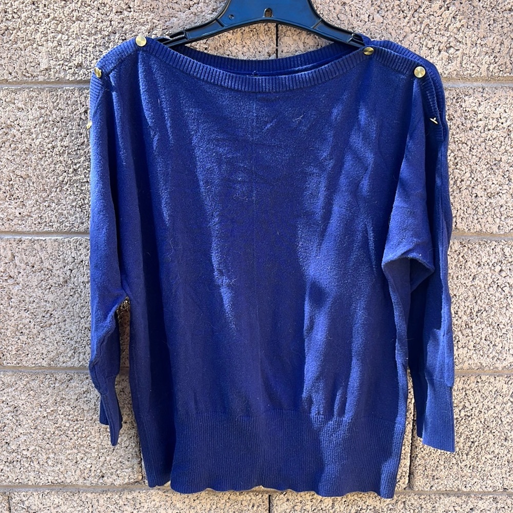 GAP 3/4” sleeved combed cotton boatneck navy blue sweater with gold buttons